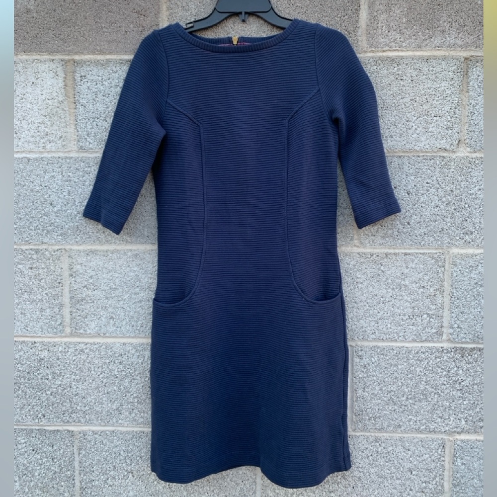 Boden Ottoman Shift Dress Navy Ribbed Knee Length 3/4 Sleeves Pockets Size 4L